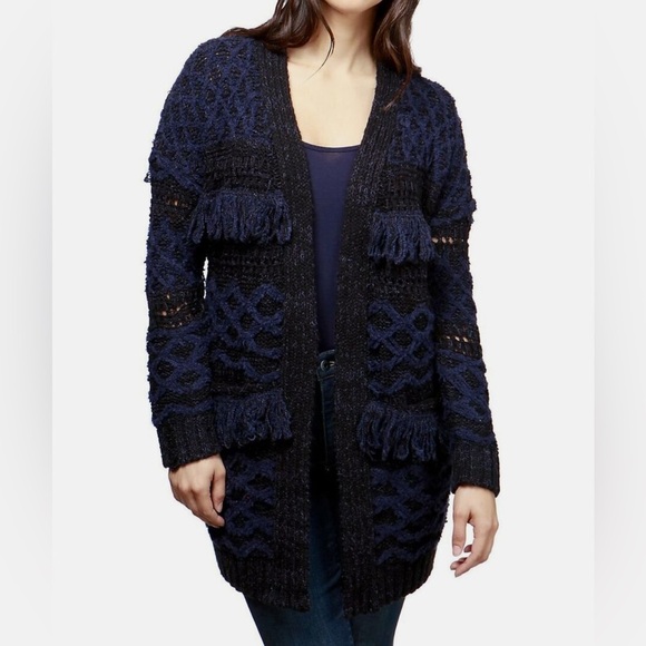 Lucky Brand Sweaters - Lucky Brand Chunky Stevie Boho Fringe Navy Blue  Black Long Knit Cardigan XS